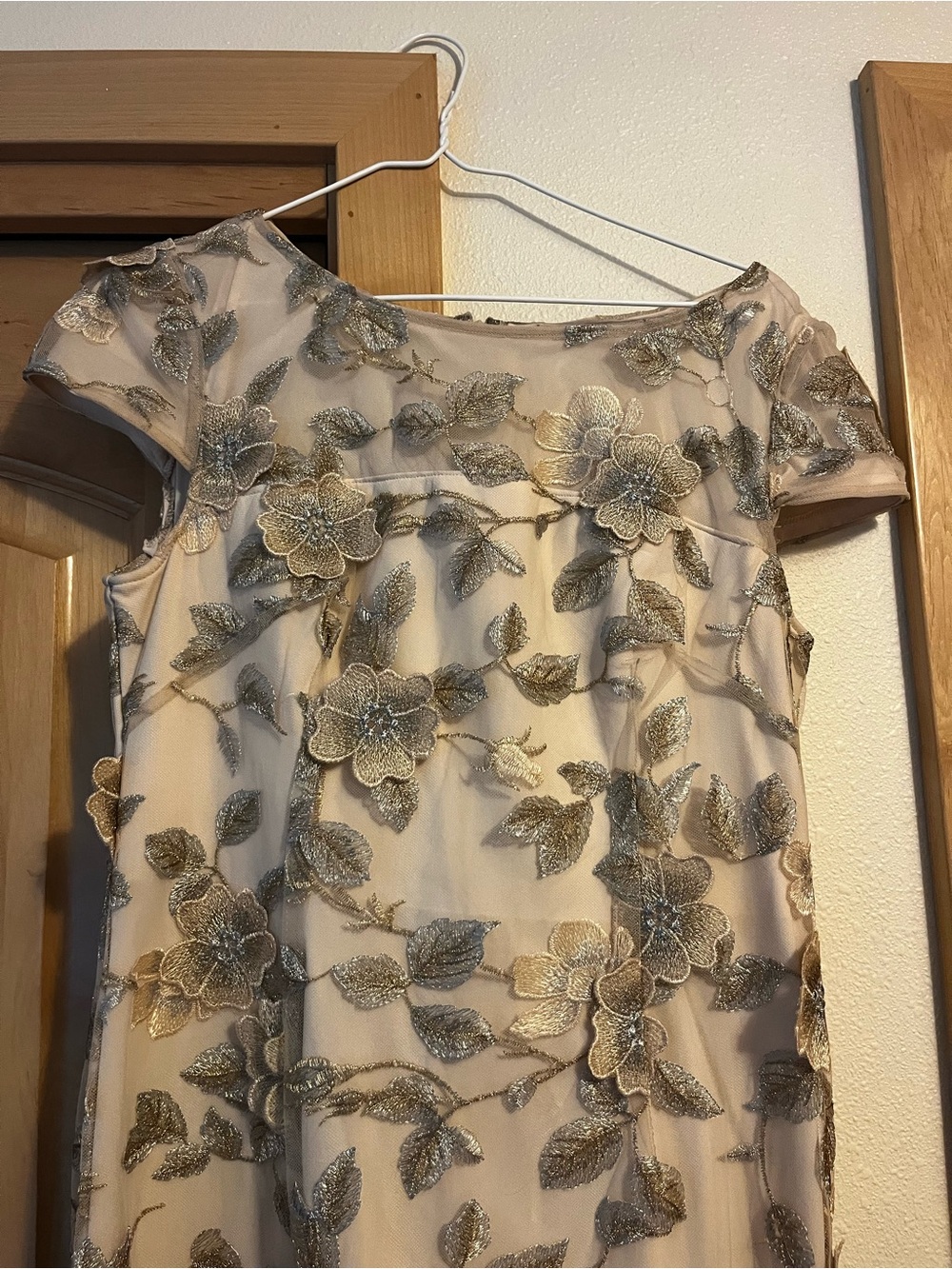 Adrianna Papell Gold Embroidered Floral Overlay Blouse - Champagne